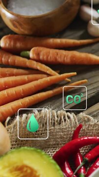 Camera panning to carrots and chili, green icons moving over culinary scene, showing CO2 euro