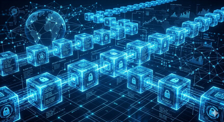 Obraz premium Blockchain Technology: An intricate network of interconnected blocks forming the backbone of secure digital transactions. Explore the essence of innovation in the digital sphere