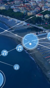 Vertical video: Central HUD pulsing net expanding over beach creating music notes and WiFi coverage