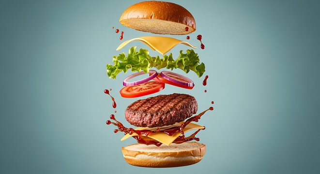 National Burger Day, a deconstructed burger elements floating in mid-air