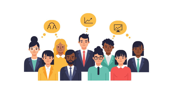 Diverse Business Team Collaboration and Strategy Illustration with Growth, Data & Communication Icons