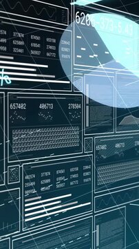 Vertical video: Camera panning right, data HUD moving pie slices and updating gauge showing metrics