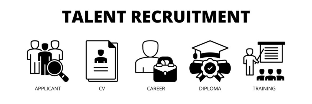 Talent Recruitment web banner icon vector illustration concept for human resource hiring strategy with icons of applicant selection, CV review, career development, diploma and training.
