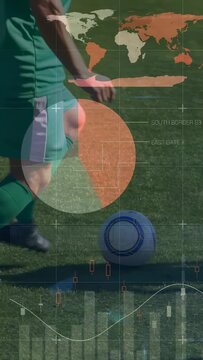 Vertical video: Soccer player tapping ball dribbling right evading rival while sports HUD updating