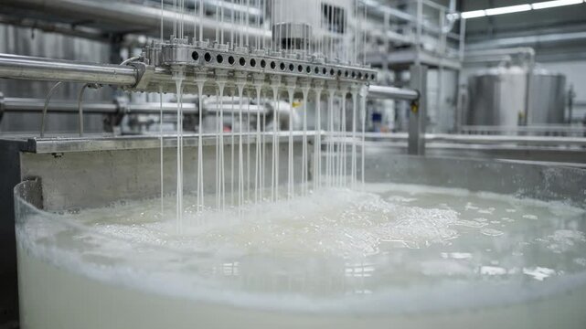 Medium shot of acrylic fiber wet spinning line showing polymer solution extruding into coagulation bath forming continuous filaments in a controlled industrial environment.