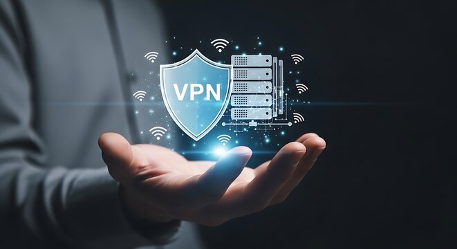 A person holding a glowing vpn shield with digital elements