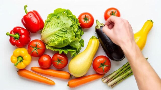 A person's hands arranging a vibrant assortment of fresh vegetables on a white surface