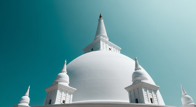 Poson Poya, a majestic white Buddhist stupa reaching towards a vibrant teal sky, sharp architectural silhouettes