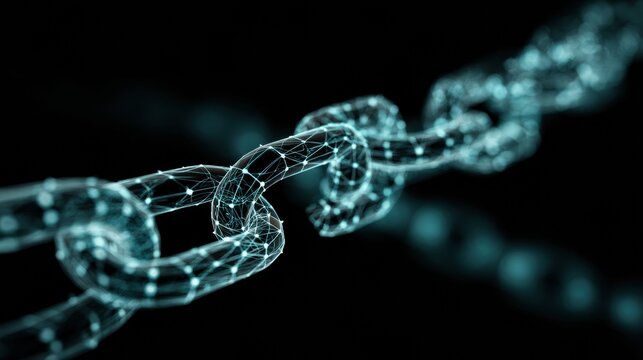Supply Chain Disruption Shown Through Digital Nodes With One Broken Link Creating a Gap in the Formation of the Chain in a Dark Setting