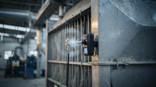 Medium shot showing a wireless sensor node attached to a baghouse transmitting pressure data wirelessly for efficient filter monitoring in a factory setting.