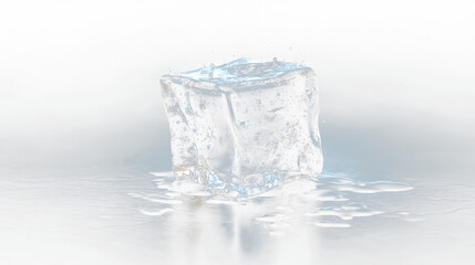 Obraz premium Ice cube on transparent background with water droplets around it in a simple setting