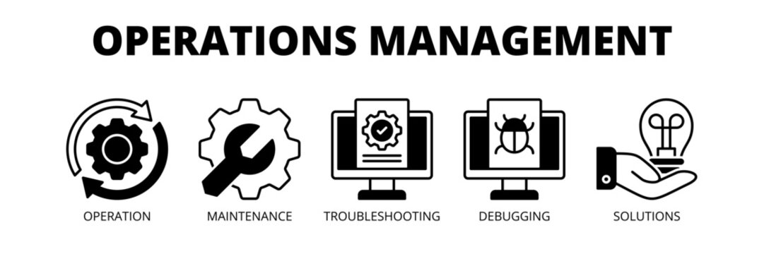 Operations Management web banner icon vector illustration concept for operational efficiency with icons of operations, maintenance, troubleshooting, debugging and solutions.