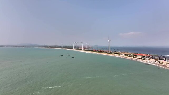 Dongchudao Village Weihai - Aerial Beach View with Wind Turbines