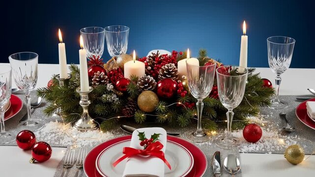 Festive holiday table setting with candles, ornaments, and elegant dinnerware