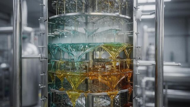 Medium shot of fractionating tray column in solvent recovery highlighting structured trays and vaporliquid interaction during dye solvent separation.