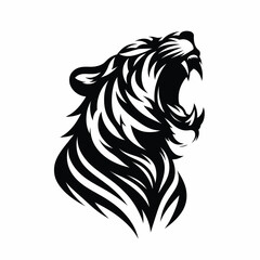Obraz premium Vector illustration of a roaring lion's head in black and white, featuring sharp teeth and a fierce expression against a clean white background.