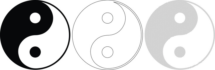 Three variations of the ancient Chinese yin yang symbol in black and white with different textures and patterns.