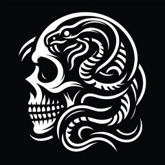 Fototapeta premium White vector icon set of a stylized skull with a snake wrapped around it on a black background.