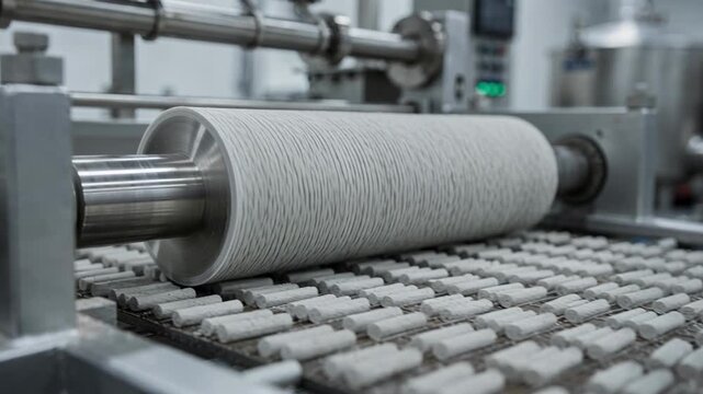 Medium shot of cylindrical zeolite catalyst beads forming on an extruder showing smooth shaping and uniform texture against industrial machinery background.