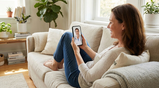 Smiling Mature Woman Having Telemedicine Consultation with Female Doctor on Smartphone while Relaxing on Sofa at Home, Digital Healthcare and Remote Medical Advice Concept