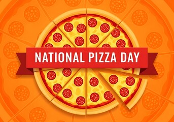 National Pizza Day celebration banner with fresh pepperoni pizza slice on orange background