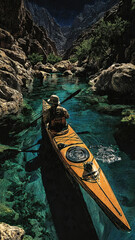 A male kayaker paddles through a serene, rocky river surrounded by mountains and lush greenery in a photorealistic image.