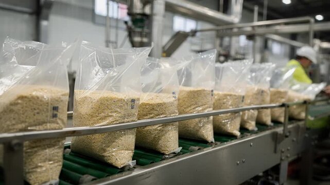 Medium shot of bags filled with granular agrochemicals moving along a conveyor with workers monitoring the packaging process in a largescale manufacturing facility.