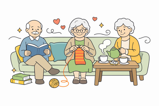 Senior friends enjoying hobbies at home, reading, knitting, and drinking tea
