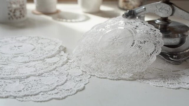 Medium shot of round paper doilies with delicate lace patterns being stamped from thin sheets on a craft table showcasing intricate decorative details.