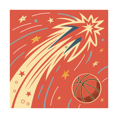 Basketball Flying Like Shooting Star Comet with Stars Red Orange Background Sports Illustration © GD