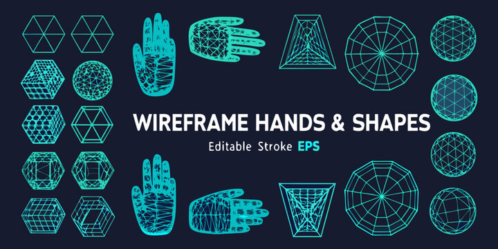 Geometric wireframe hands and various polygonal shapes in teal hues