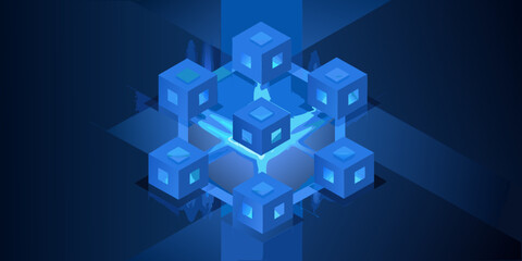 Abstract blue geometric arrangement of glowing cubes in a digital space