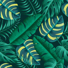 Floral seamless pattern with banana leaves, monstera. tropical background © Fauzan