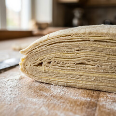  A detailed close-up of the beautiful layers in freshly made laminated dough. Illustrates the art of baking, cooking, and pastry making. High quality photo