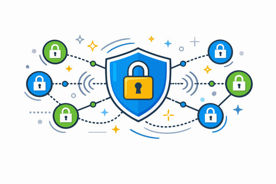 Network security shield protecting digital data with connected lock icons