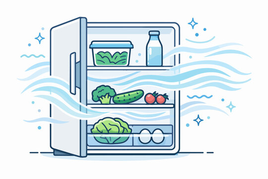 Open refrigerator keeping food fresh with cool air circulating inside