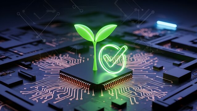 Sustainable technology and green energy computing. Eco friendly electronics and carbon neutrality. Small green sprout with a checkmark glowing on a computer microchip