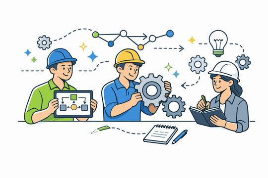 Team of engineers collaborating on a project, planning and developing new ideas