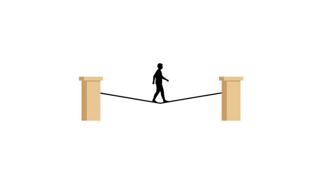 Man Walking on Tightrope Between Pillars.