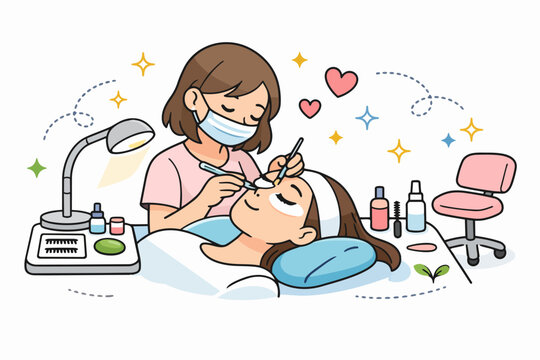 Esthetician applying eyelash extensions on woman client in a beauty salon