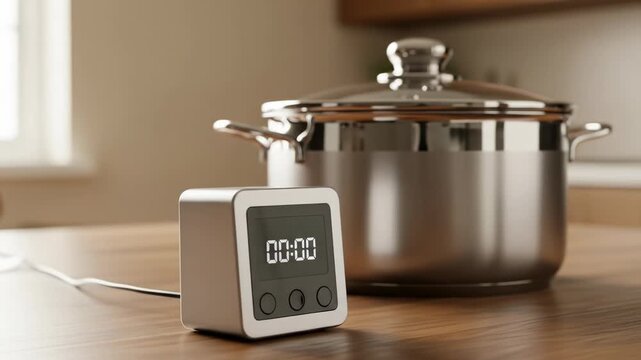 A digital timer on a wooden countertop next to a stainless steel pot