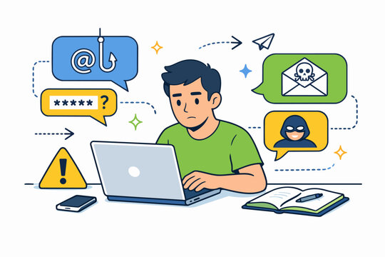 Man encountering phishing email and scam attempts, protecting personal data