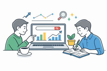 Professionals collaborating on market research and data analysis for business growth