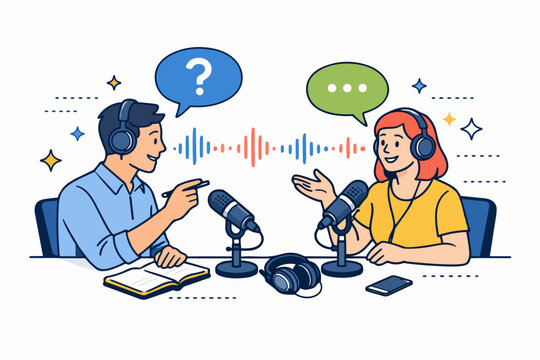 People recording podcast interview in studio, broadcasting audio content online