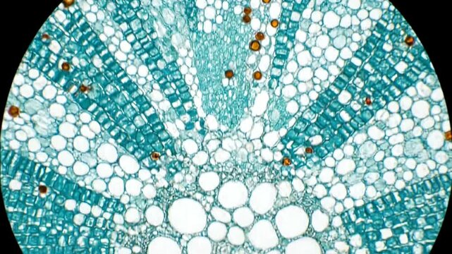 Microscopic View of Plant Stem Cross-Section Showing Vascular Bundles.