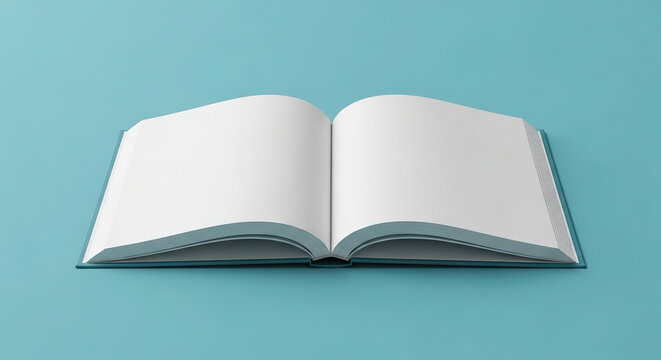 Open blank book with white pages lying on turquoise background viewed from low angle showing paper texture for education learning literature publishing concept mock up set