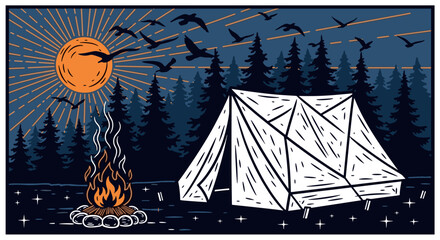 Night camping scene vector illustration with tent campfire forest trees birds moon outdoor adventure wilderness landscape © Vector Design Hub