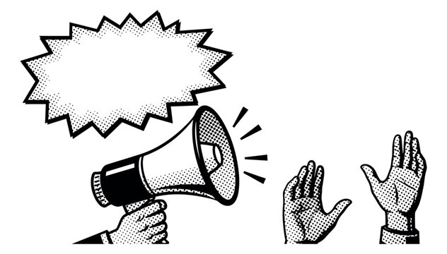 Megaphone with Blank Comic Speech Bubble and Raised Hands: Black and White Retro Vector Illustration for Protest, Marketing, and Community Announcements
