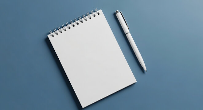 A blank white spiral-bound notepad with a pristine white pen resting beside it, positioned on a smooth, muted blue surface, ready for notes