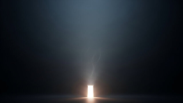 Brightly lit doorway standing out against a dark mysterious background with a sense of hope and new opportunities ahead